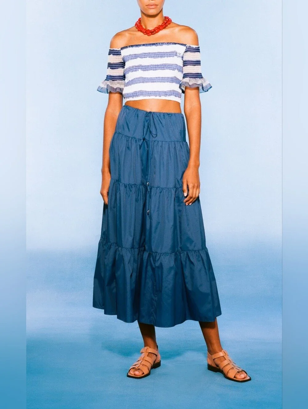 STAUD Lucca Tiered Maxi Skirt in Cobalt Blue M, Women's Casual Summer Size XS